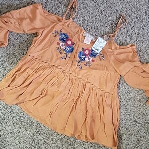 Embroidered Off-Shoulder Rust Top